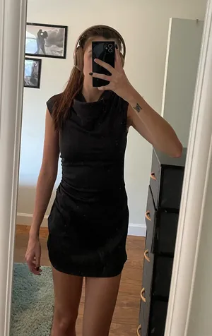 Forever 21 Silk Black Mini Dress with Cowl Neck and Ruching thumbnail 1