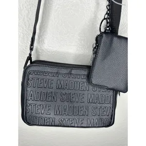 Steve Madden Crossbody Bag Womens Small Black Logo Faux Leather Coin Purse Zip thumbnail 5