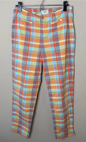 Vintage Y2K Gap Plaid Pants Womens 8 Pastel Orange Yellow Blue Retro 100% Cotton thumbnail 1