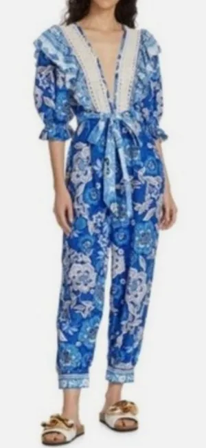 FARM Rio Full of Flowers Blue Floral Lace Jumpsuit Small Flaw Vacay Boho S-S thumbnail 1