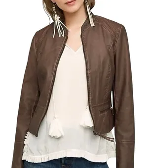 ANTHROPOLOGIE HEI HEI Women’s Vegan Leather Brown Zip Up Moto Jacket thumbnail 1