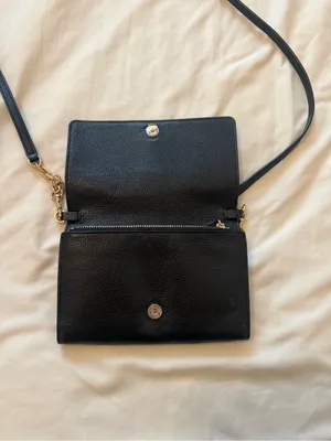 TORY BURCH | Black Georgia Pebbled Leather Fold over with gold chain detail thumbnail 6
