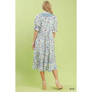 Umgee Print Tiered Midi Dress - Blue - Small thumbnail 3