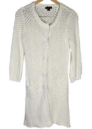 Cartise Womens Medium Cream Cotton Knit Crochet Button Front Cardigan Duster‎ thumbnail 1