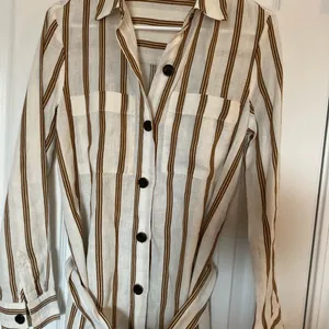 ZARA boho cream tan striped linen buttoned belted collared shirt midi dress XS thumbnail 4