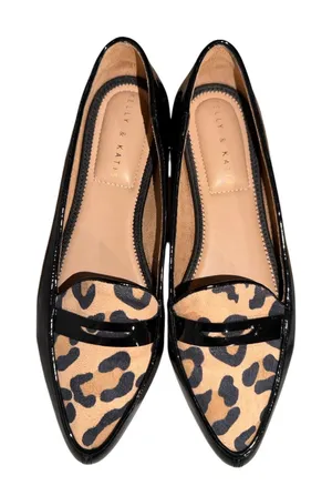 Kelly & Katie Aliva Black Patent Leopard Print Pointed Toe Flats Shoes 8M thumbnail 1