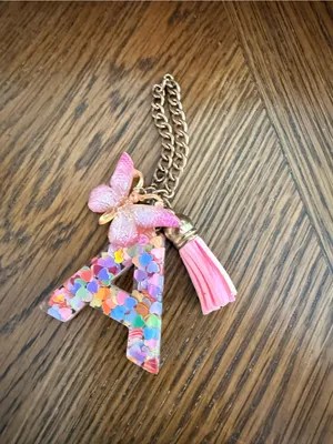 Yika Letter A Initial Keychain Resin Charm w/ Butterfly Tassel Pendant Pink NWOT thumbnail 4