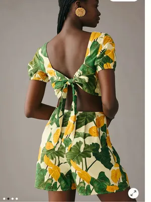 Farm Rio Tropical Anthurium Cutout Romper XS Yellow Green Linen thumbnail 9