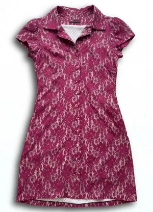Ave Maria Magenta Floral Lace Button Down Dress Short Sleeve Polka Dot Lining S thumbnail 1