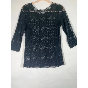 Maurice Black Lace Sheer‎ Women Tunic Top 3/4 Sleeve Layering Boho Chic M thumbnail 2