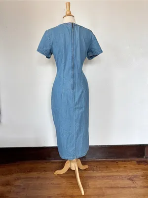 Vintage 80s Western V-Neck Faux Button-Front Light Blue Denim Midi Dress thumbnail 5