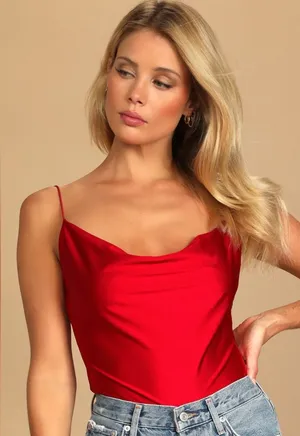 LULU’S TALKING SMOOTH RED COWL NECK BODYSUIT thumbnail 1
