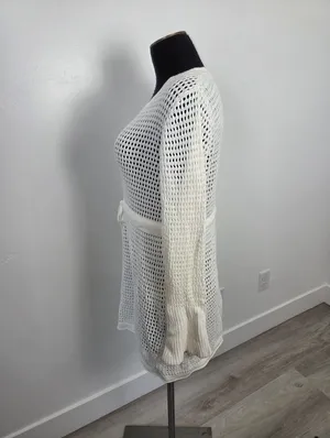 Ivory Cream Loose Knit Swim Cover Up Long Sleeve Sheer Cottagecore Beach Boho L thumbnail 3