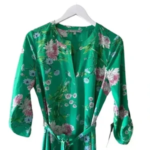 Anthropologie Daniel Rain Green Floral Print 3/4 Sleeve Tie Dress SZ M #2194 thumbnail 2