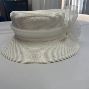 White Elegant Church Dress Hat with Mesh Bow Rose and Faux Pearls thumbnail 4