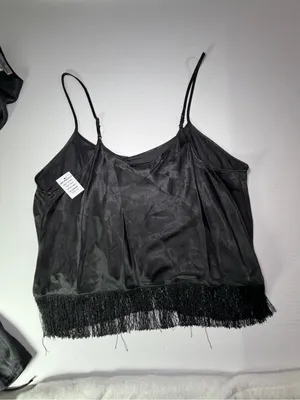 Linea Donatella Black Satin Camisole and Fringe Robe Set thumbnail 6