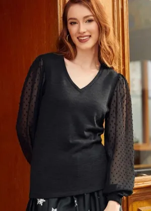 Modcloth More After Midnight Top Black Long Sleeve Sheer Polka Dot Sleeve M NWT thumbnail 1
