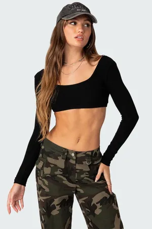 Edikted Black Ribbed Long Sleeve Crop Top Square Neck Button‎ Front XS thumbnail 1