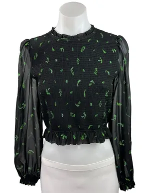 Aritzia Wilfred Lilith Black Leaf Print Smocked Puff Sleeve Ruffle Crop Blouse S thumbnail 1
