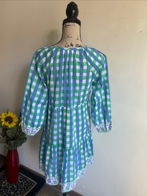 SZ Blockprints Priya Gingham Tiered Blue Green White Dress Size Small thumbnail 9