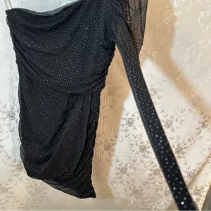 Lucy in the Sky Black Glitter Polka Dot One-Shoulder Dress Sheer Sleeve MEDIUM thumbnail 8