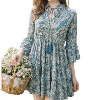 Paani Teal Paisley Tiered Babydoll Dress Flowy‎ Vneck Tassle High Waisted Flowy thumbnail 1