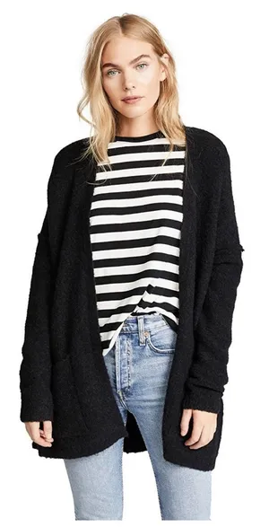 Free People Phantom Long Cardigan Black Front Open Wool Blend Large Oversized thumbnail 1