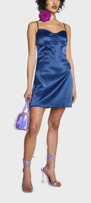 Dollskill Satin Mini Dress in Royal Blue - Sleek Women's Slip Dress thumbnail 1