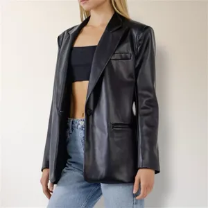 Anthropologie Endless Rose L Black Faux Leather‎ Blazer Jacket Pockets Y2K Retro thumbnail 2