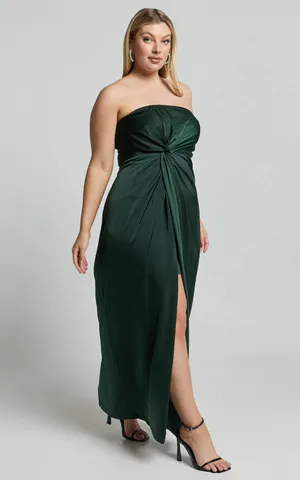 Showpo New Hathaway Maxi Dress Strapless Straight Neck Twist Front Split Emerald Large thumbnail 4
