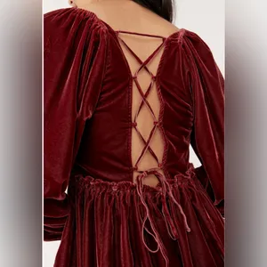 Free People Daphne Boho-Chic Velvet Whimsical Grunge Mini Dress Lace Back Sz S thumbnail 6