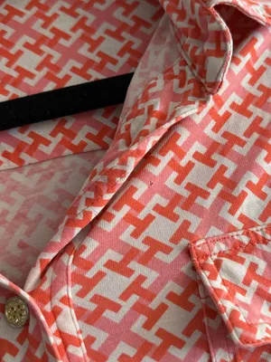 Tory Burch Silk Chain Link Geometric Button Down Blouse Coral Small Pink Career thumbnail 8
