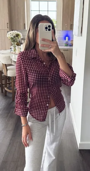 American Rag Burgundy Checkered Button Down Shirt (Size Small) thumbnail 1