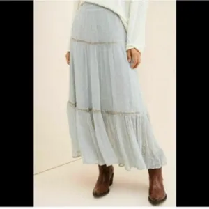 Free People Women's baby blue beaded Ella Ruched Tiered Peasant Maxi Skirt thumbnail 2