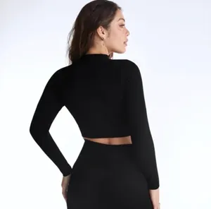 SET ACTIVE Black Cropped Long Sleeve Zip Up Scultflex Ribbed Logo thumbnail 3
