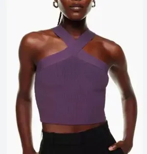 Babaton sculpt purple knit ribbed sweater crop crossover stretch medium plum thumbnail 1