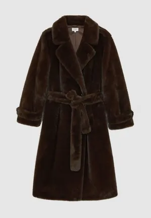 Reiss Cate Faux-Fur Long Belted Coat in Chocolate Brown thumbnail 1