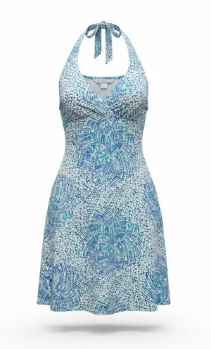 Columbia PFG Halter Dress Medium Blue Aqua Print Smocked Back Beach Sundress thumbnail 1