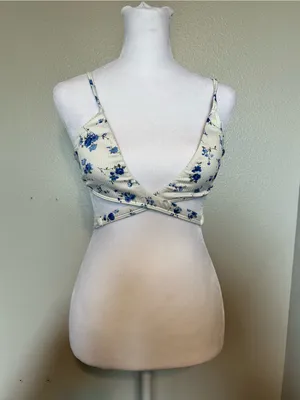 aerie/ Hollister White Floral Ribbed Top with Bright Blue Bikini Bottoms Size XS thumbnail 4