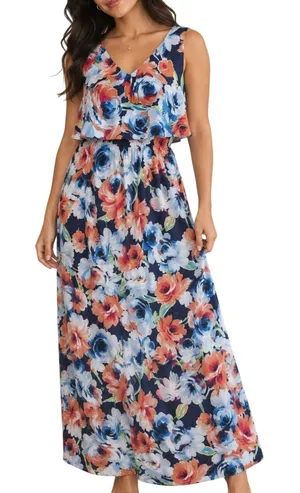 Blue Orange Floral Maxi Dress M V Neck Crisscross Back Summer Boho thumbnail 1
