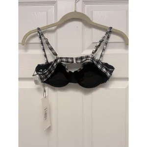 Veronica Beard Dyer Bikini Top Black‎ White Plaid Underwire Swim Small NEW thumbnail 3