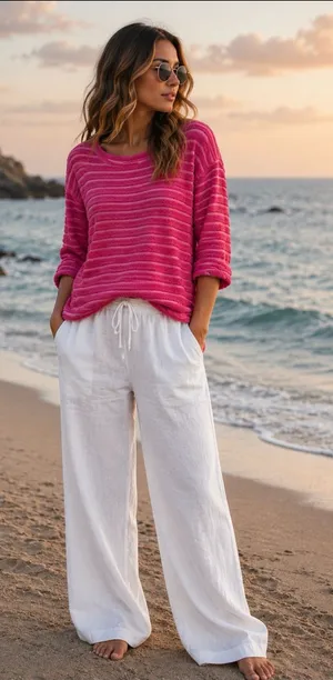 Escape 100% Cotton Fuchsia Textured Knit Pullover White Size M thumbnail 1