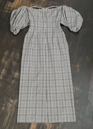 New Sayaka Davis Off Shoulder Cream Black Check Plaid Puff Sleeve Dress 2 NWT thumbnail 1