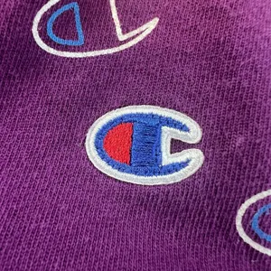Champion T-Shirt Women's Large Short‎ Sleeve Crop Top Purple All Over Logo Print thumbnail 3