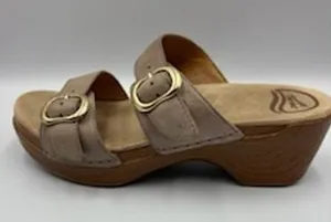 Dansko Slide Sandals Taupe Leather Double Buckle Platform Wedge Casual Size 37 thumbnail 1