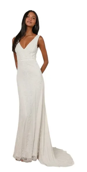 Lulus White Mermaid Beaded Wedding Dress NWT Size Small Sequined Wedding Gown thumbnail 1