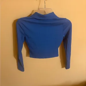 Reformation Elin Ribbed Cropped Ruched Button Up Knit Top in Dusk Blue thumbnail 5