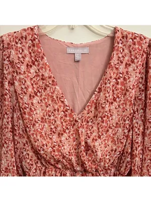 Chelsea 28 Pink White Floral Faux Wrap Long Sleeve Feminine Chiffon Dress Medium thumbnail 4