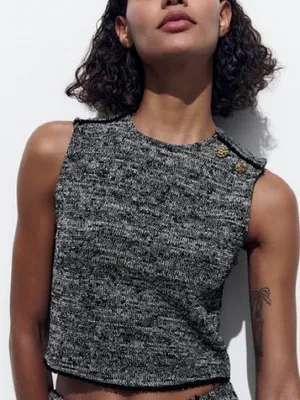 Zara Jacquard‎ Structured Gray Black Tweed Top thumbnail 1