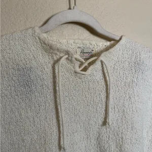 Vintage 70s Sleeveless Knit Top Sz Small Tie‎ Up Cream thumbnail 2